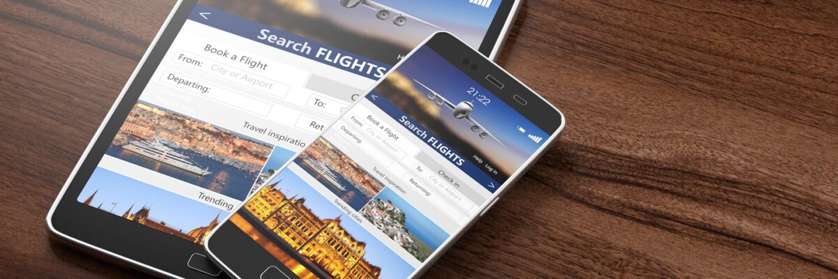 Flights online booking and reservation. Smartphone and tablet on wooden backgound, Search flights on the screens, copy space. 3d illustration